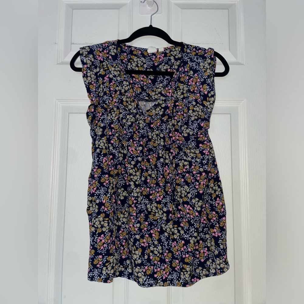 GAP Navy Floral V-Neck Sleeveless Top with Pink & Yellow Blooms